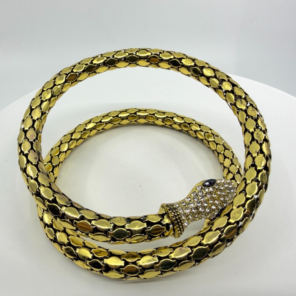 Gold Tone Serpent Snake Wrap Bracelet Rhinestone Head Gothic Statement Jewelry